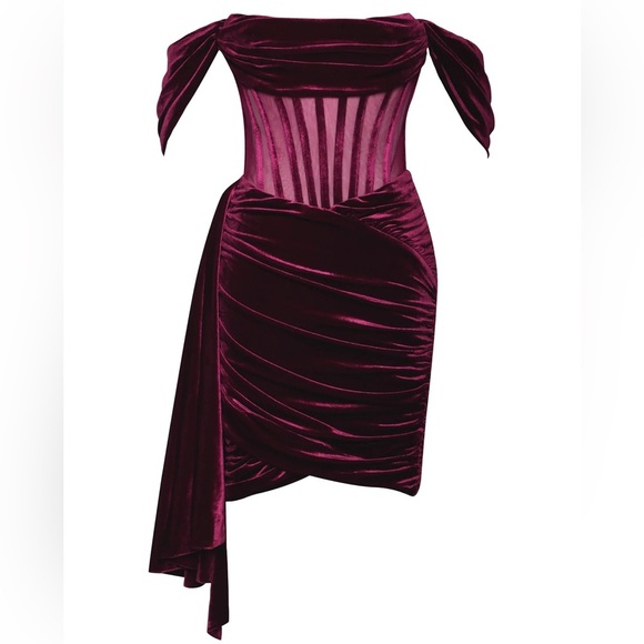 Miss Circle Irisa Burgundy Velvet Draping Off Shoulder Corset Dress Large - Picture 7 of 13